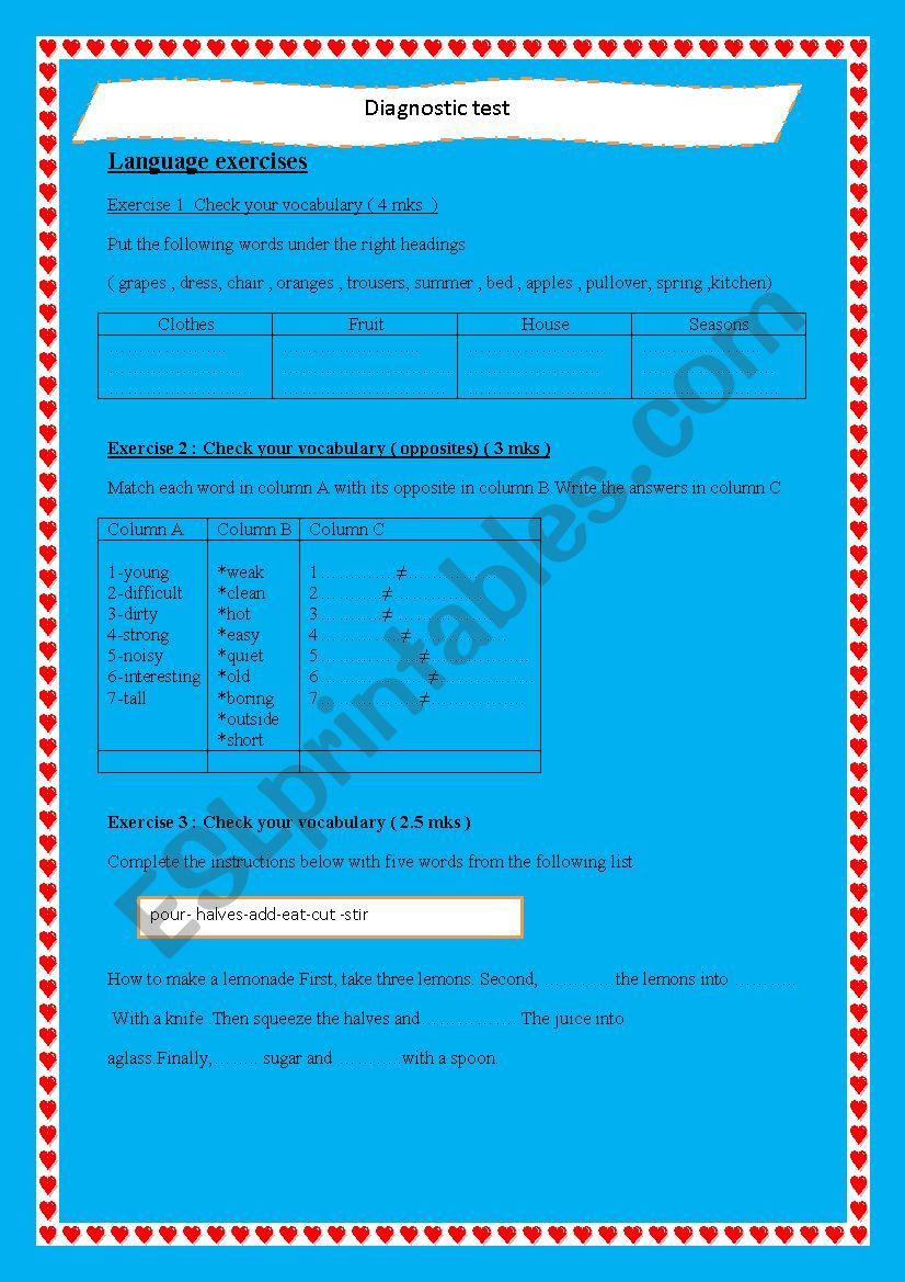 diagnostic test worksheet