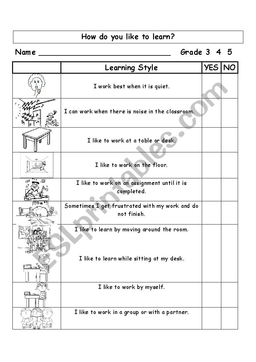Learning Style Inventory worksheet