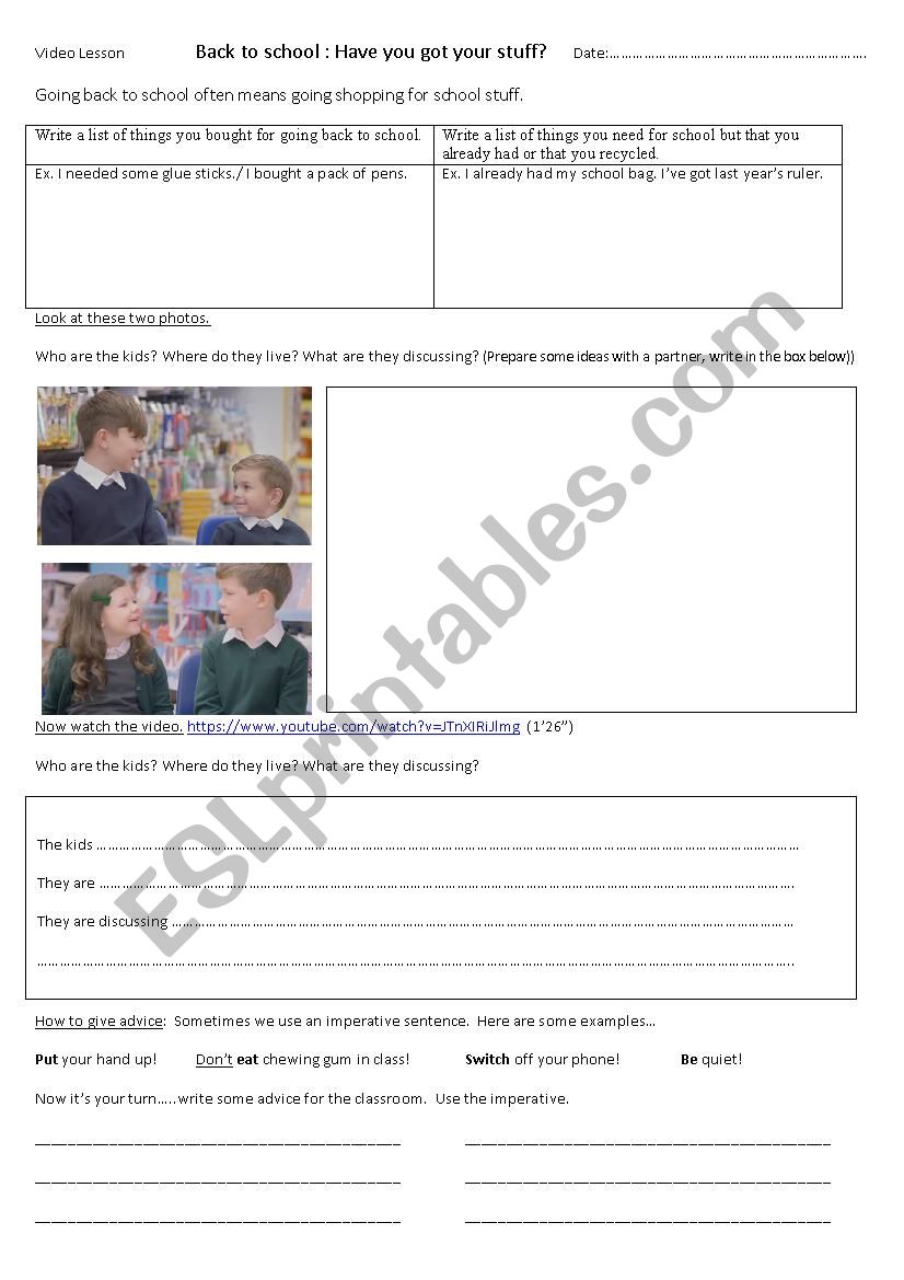 Back to school TV advert worksheet