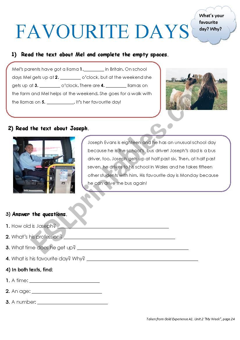 FAVOURITE DAYS worksheet