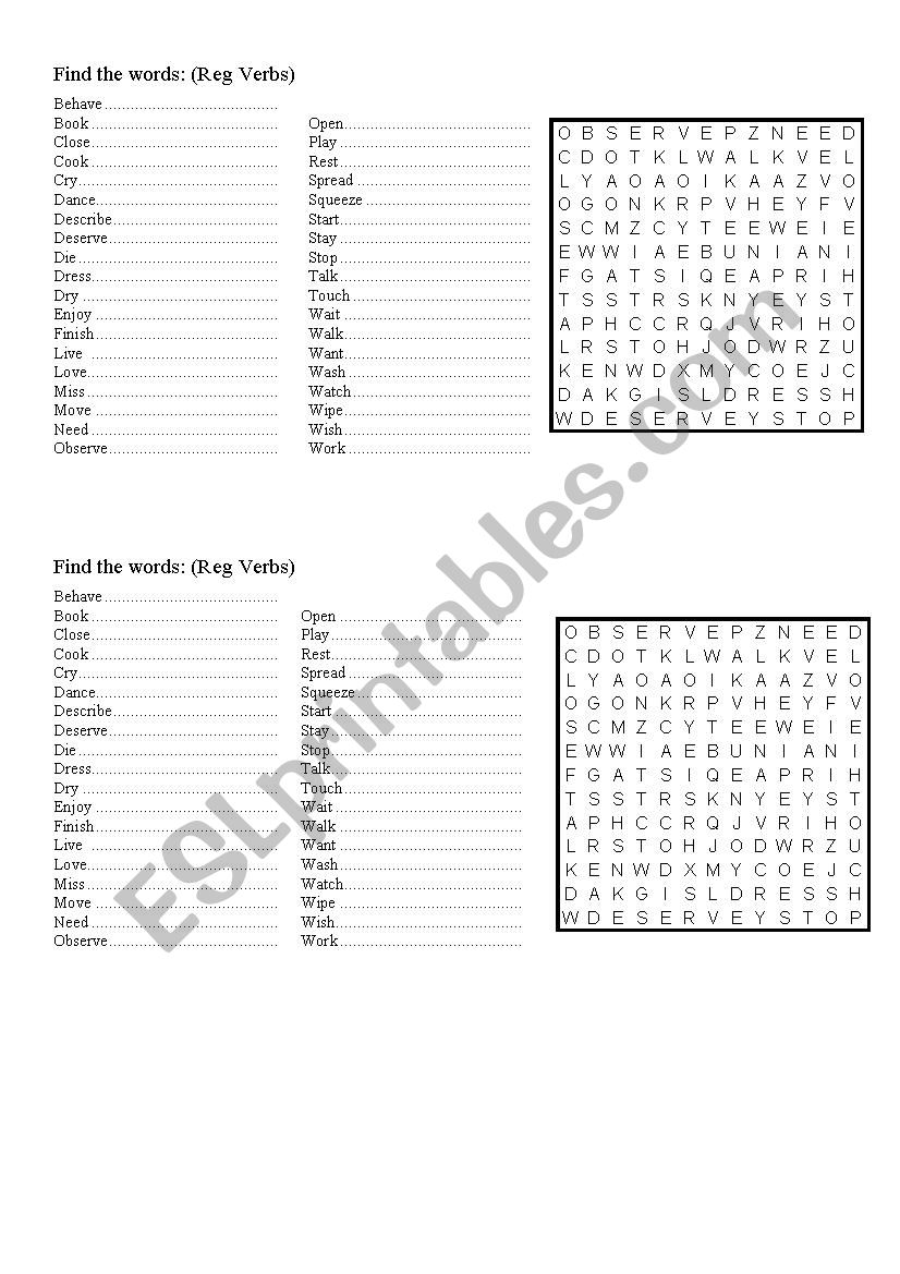 Regular verbs wordsearch worksheet