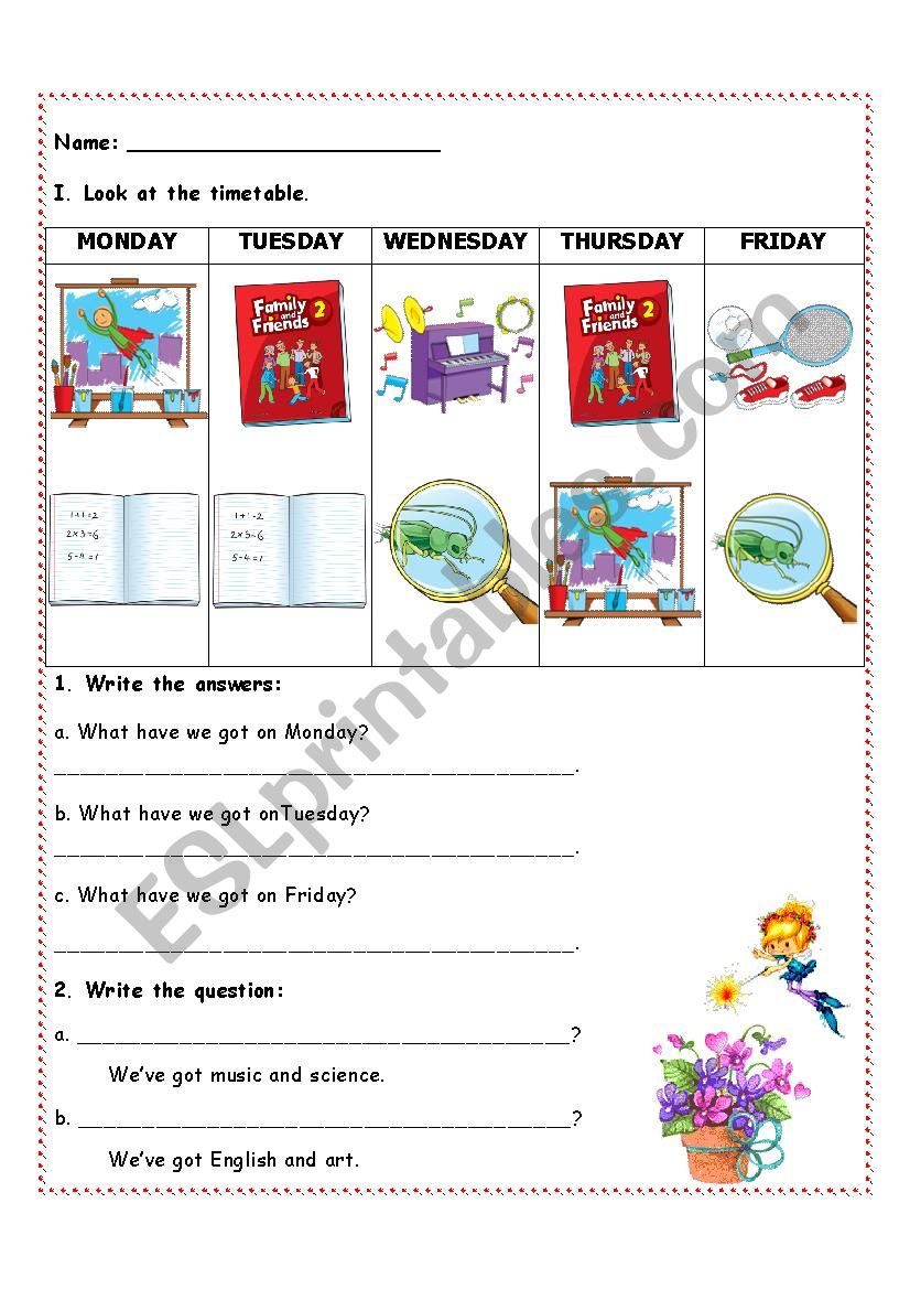 School timetable worksheet