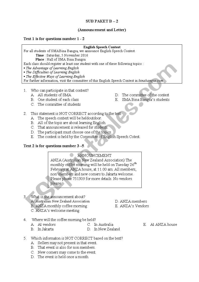 Announcement and Descriptive Text - Multiple Choice Exercise