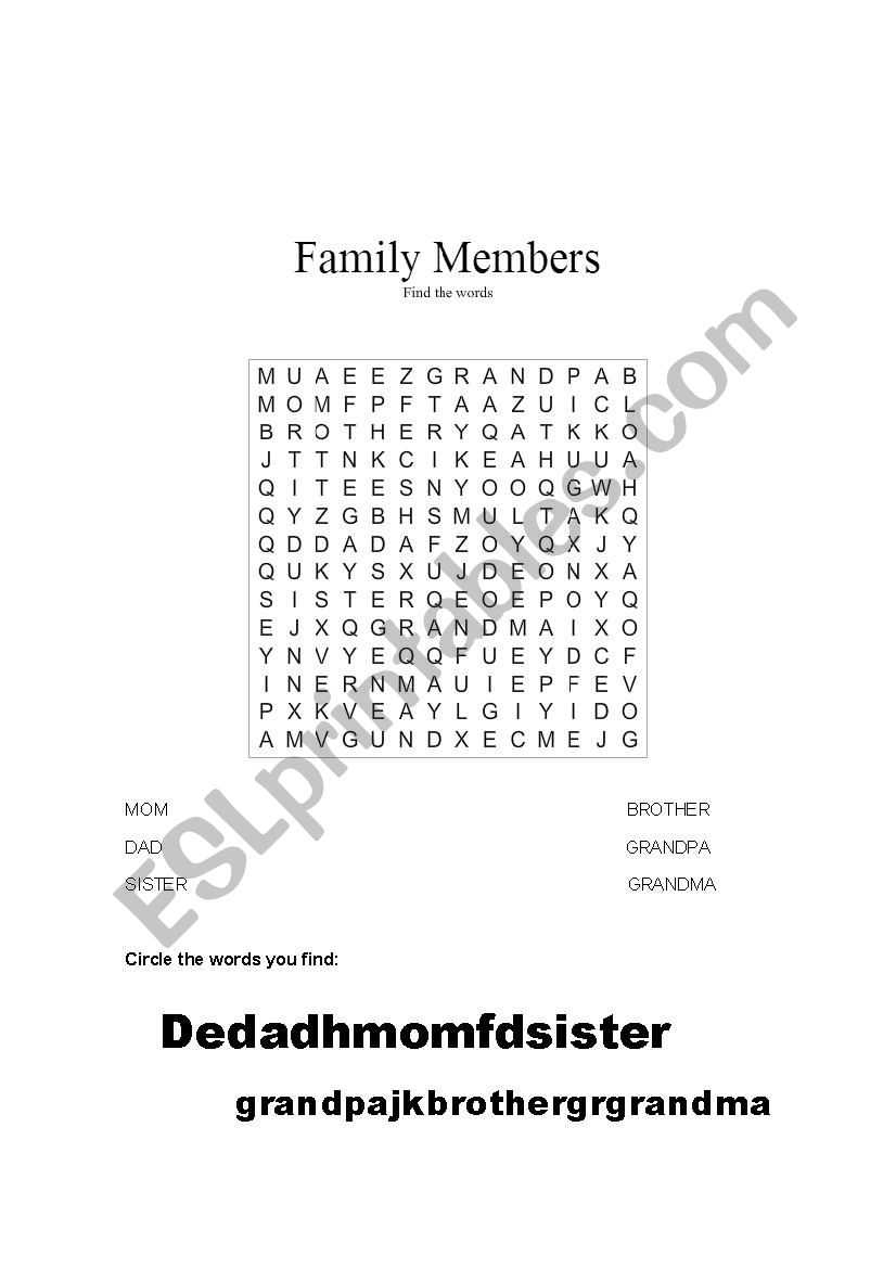 Family Members Wordsearch worksheet