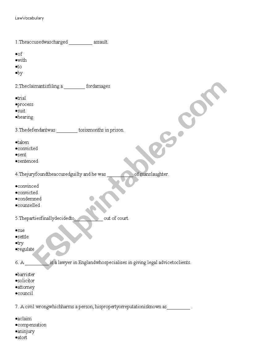 Law Vocabulary 2 worksheet