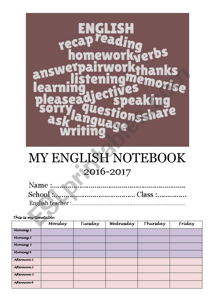 Notebook cover worksheet