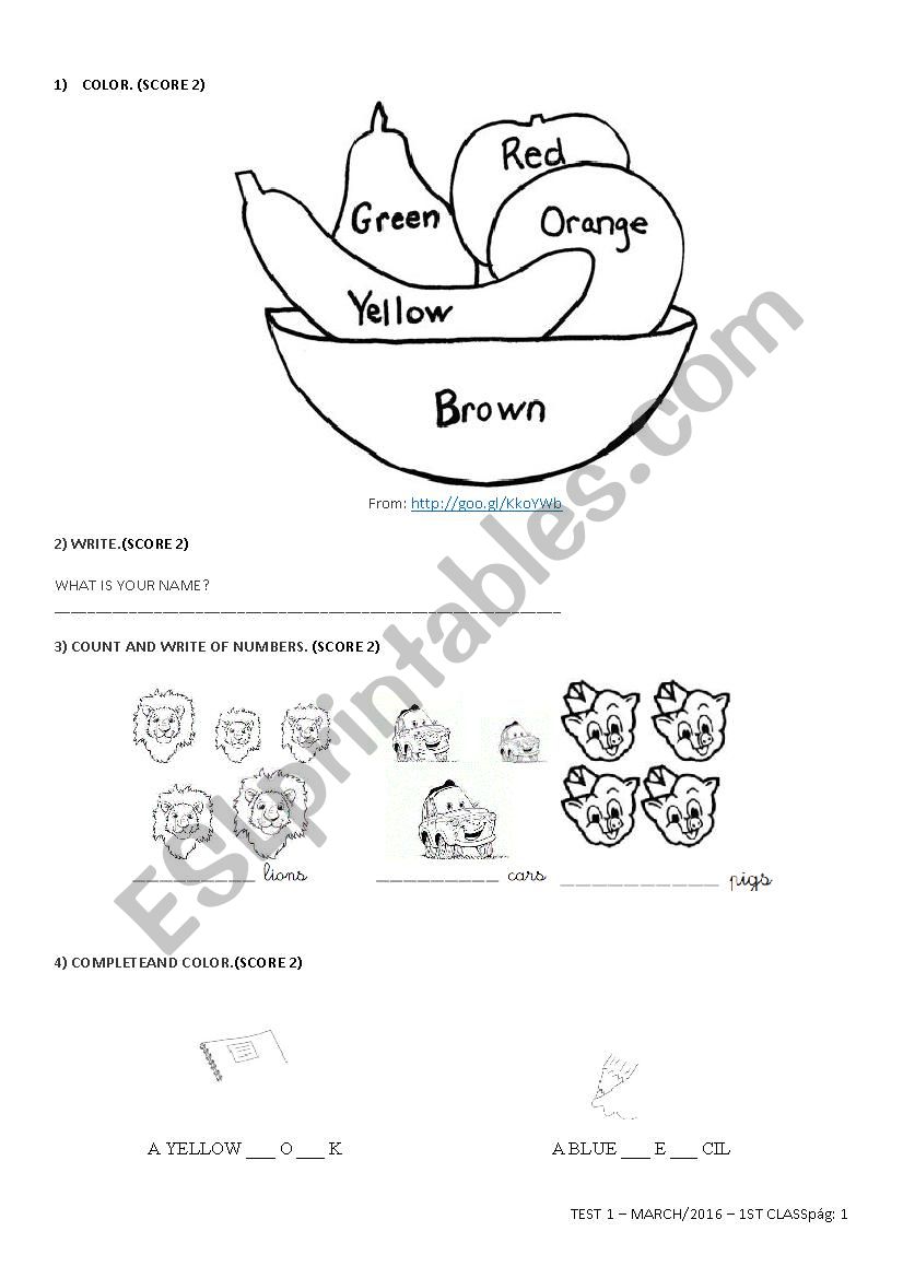 English Test for 1st Grade - 1B