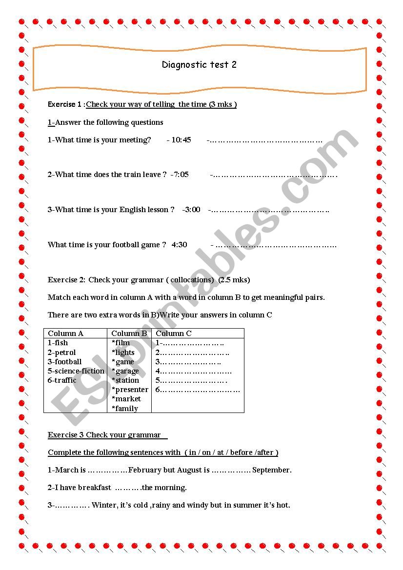 giagnostic test 2 worksheet