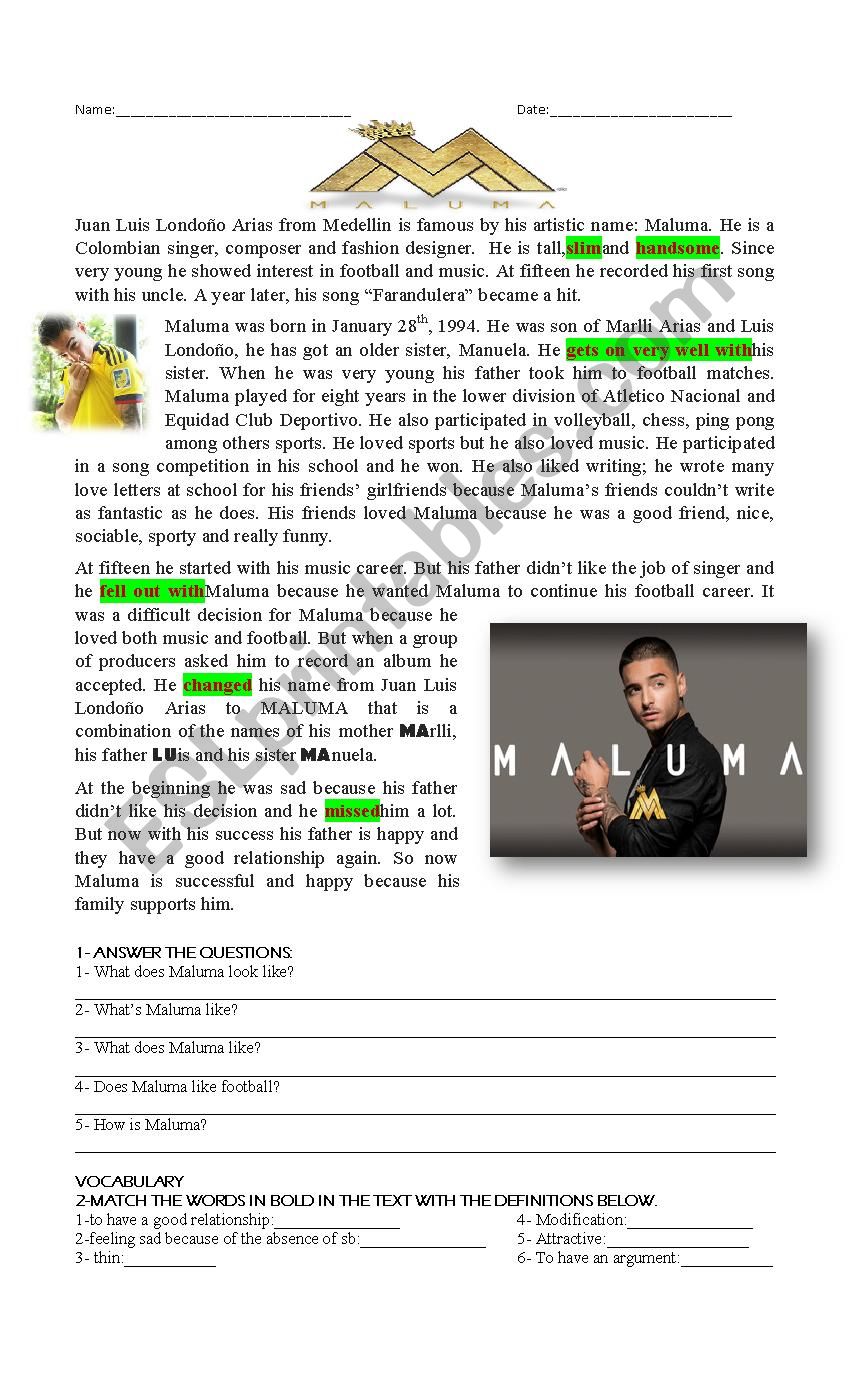 Maluma Reading, verb pattern, future, phrasal verbs