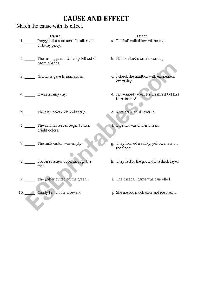 Cause and Effect worksheet