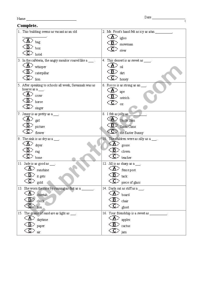 Simile worksheet