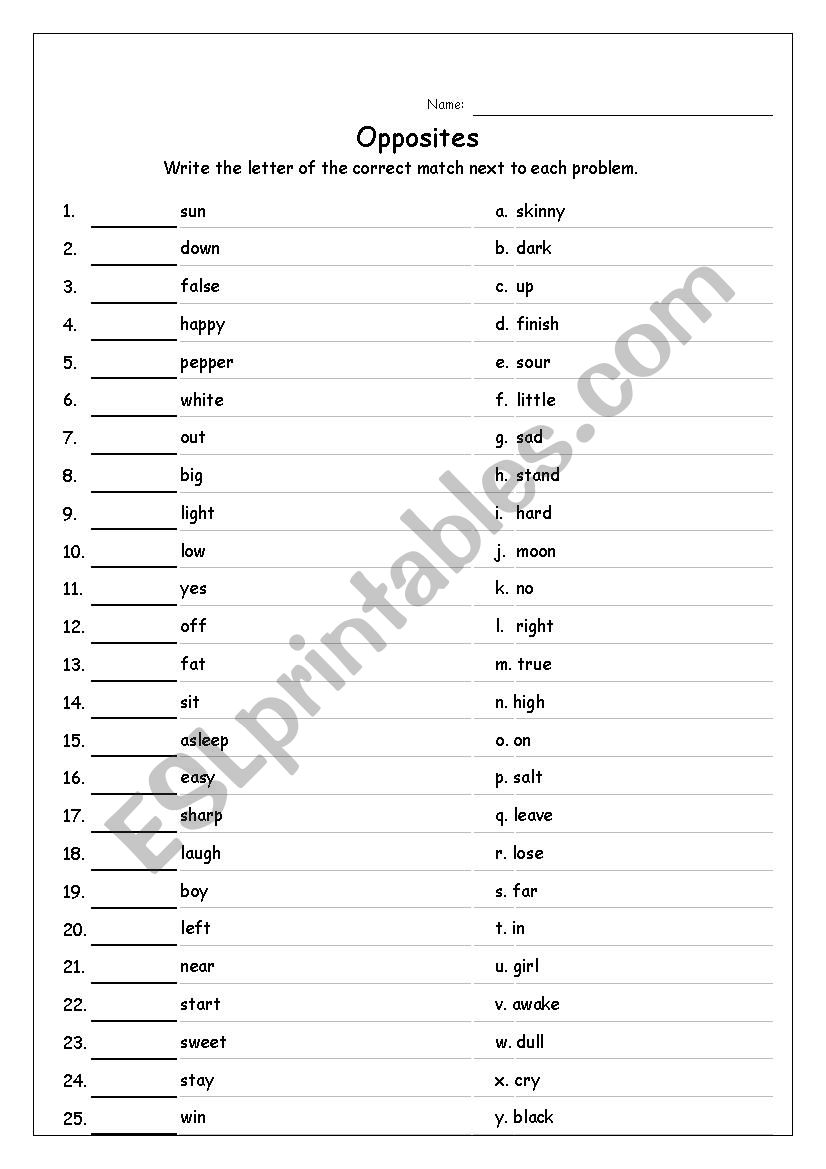 Opposites worksheet