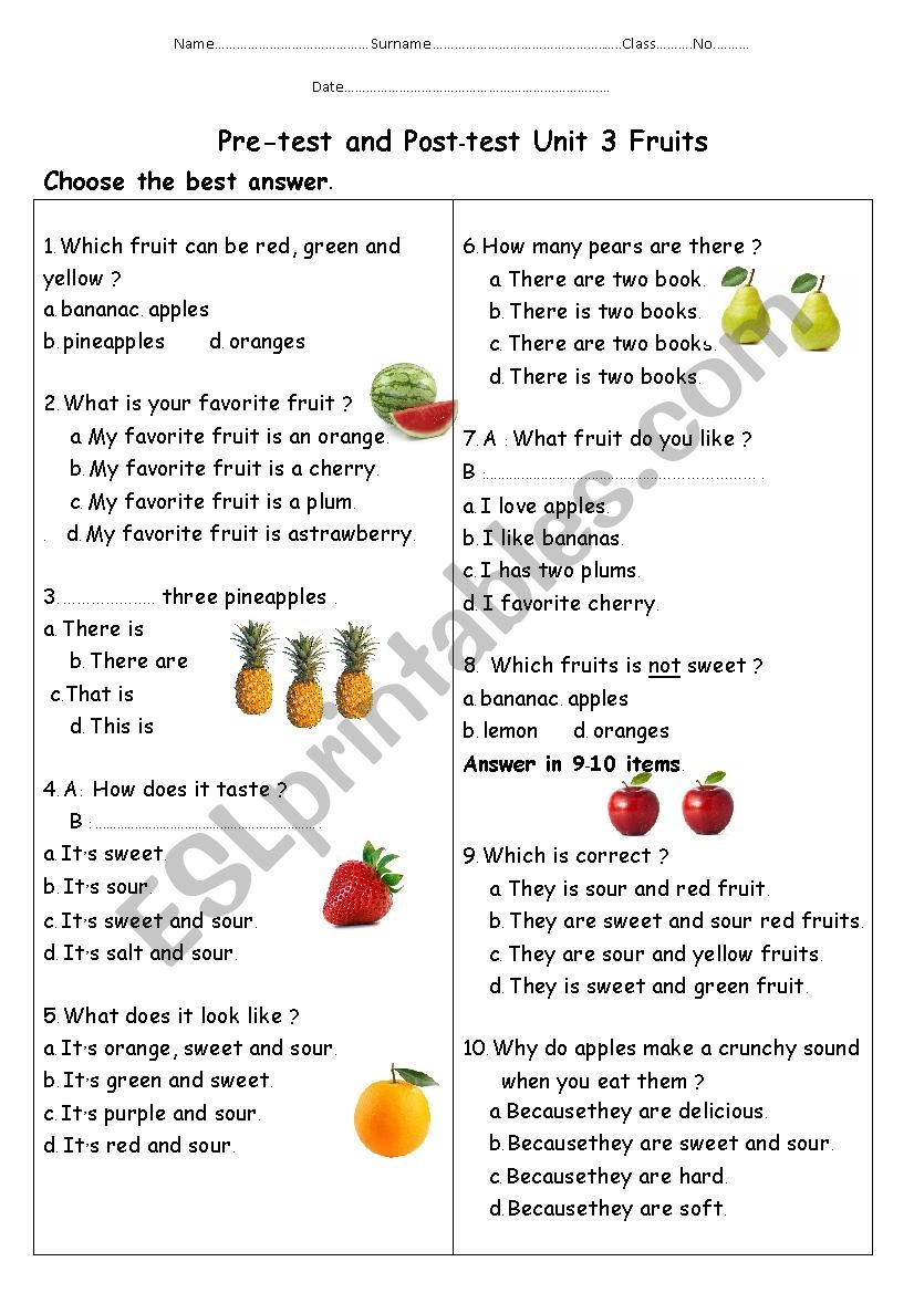 Fruit test worksheet