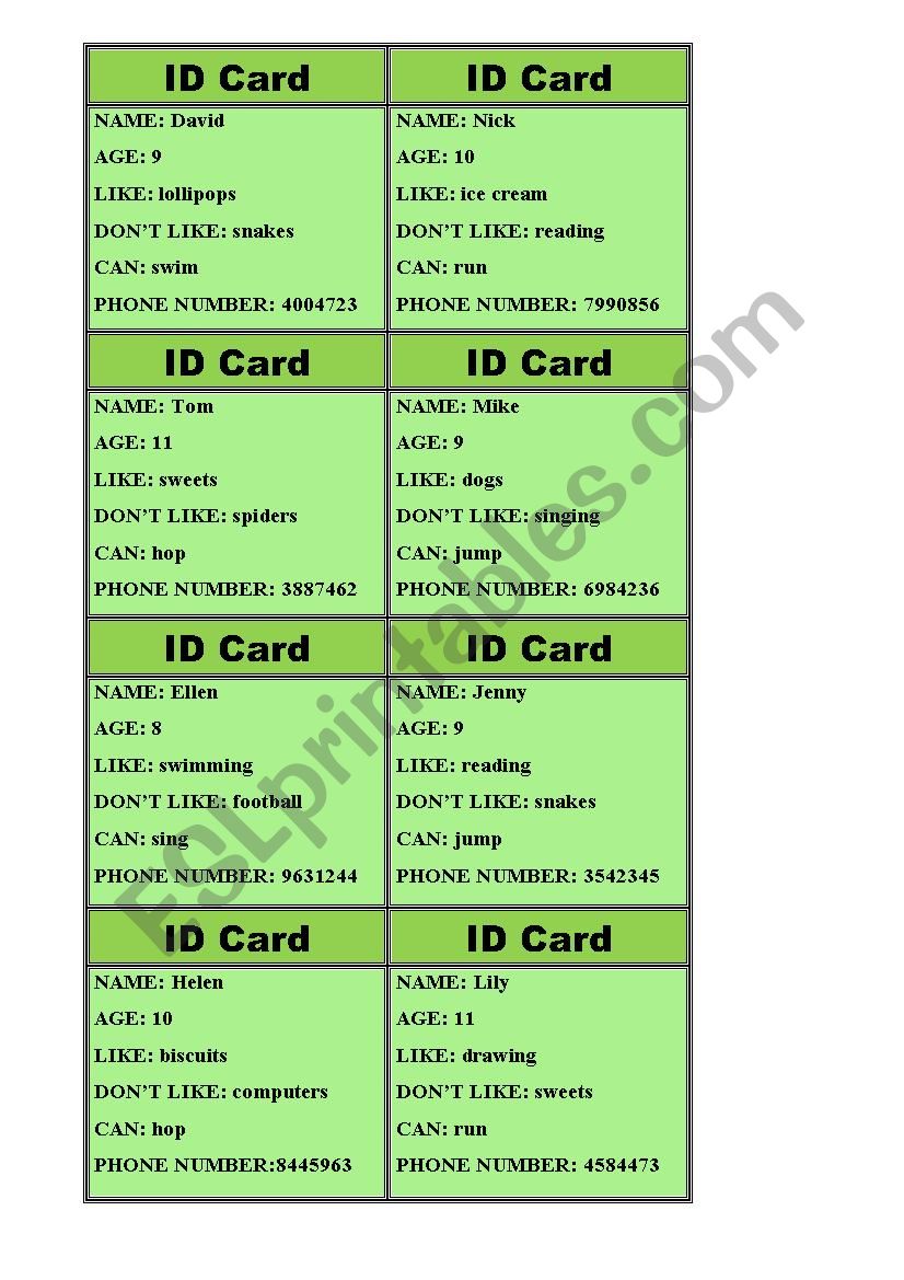 ID cards for speaking worksheet