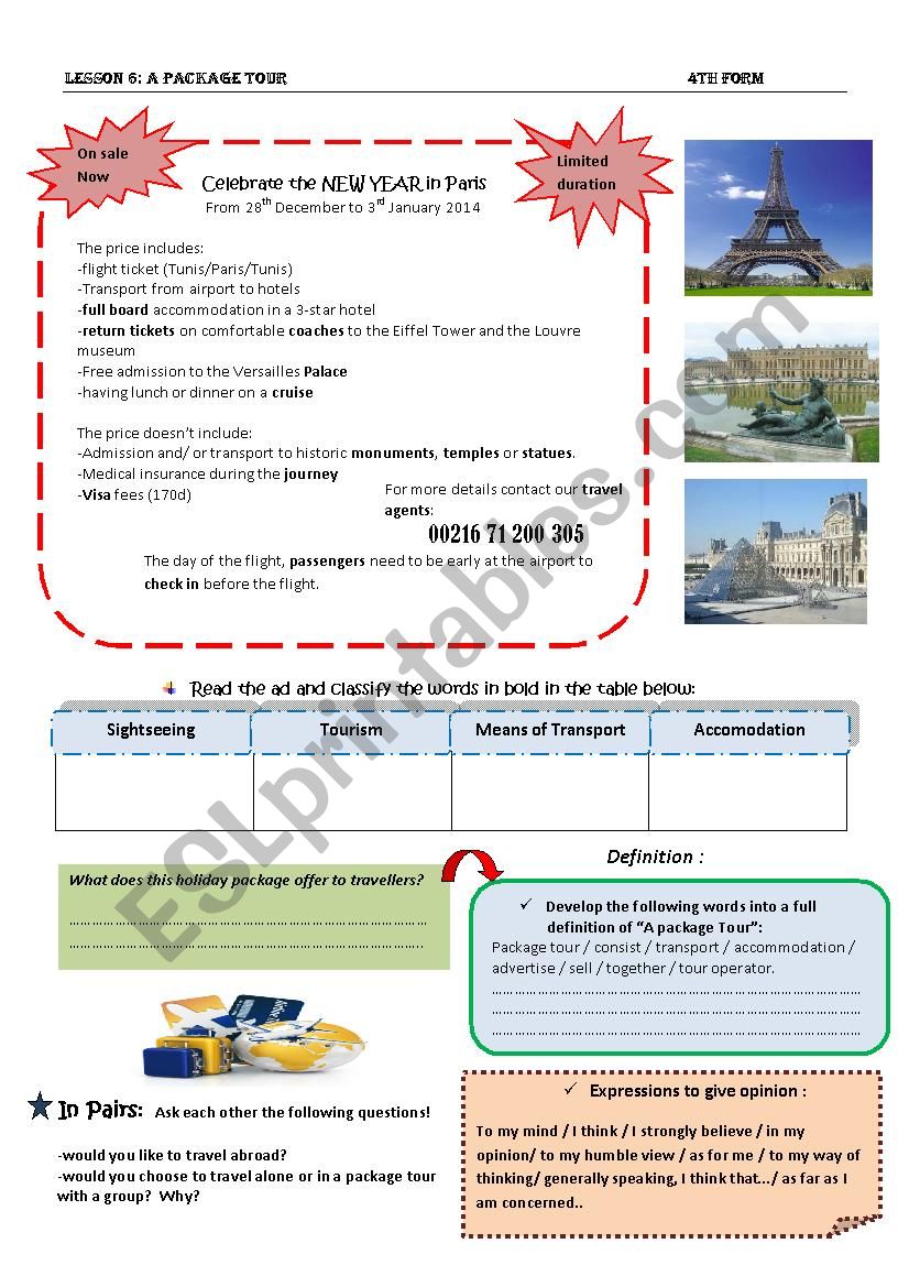 package tour worksheet