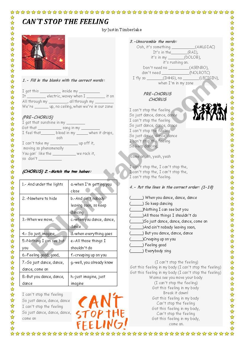 Can T Stop The Feeling By Justin Timberlake Esl Worksheet By Zaratod