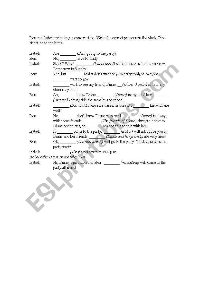 Subject Pronoun Dialogue worksheet