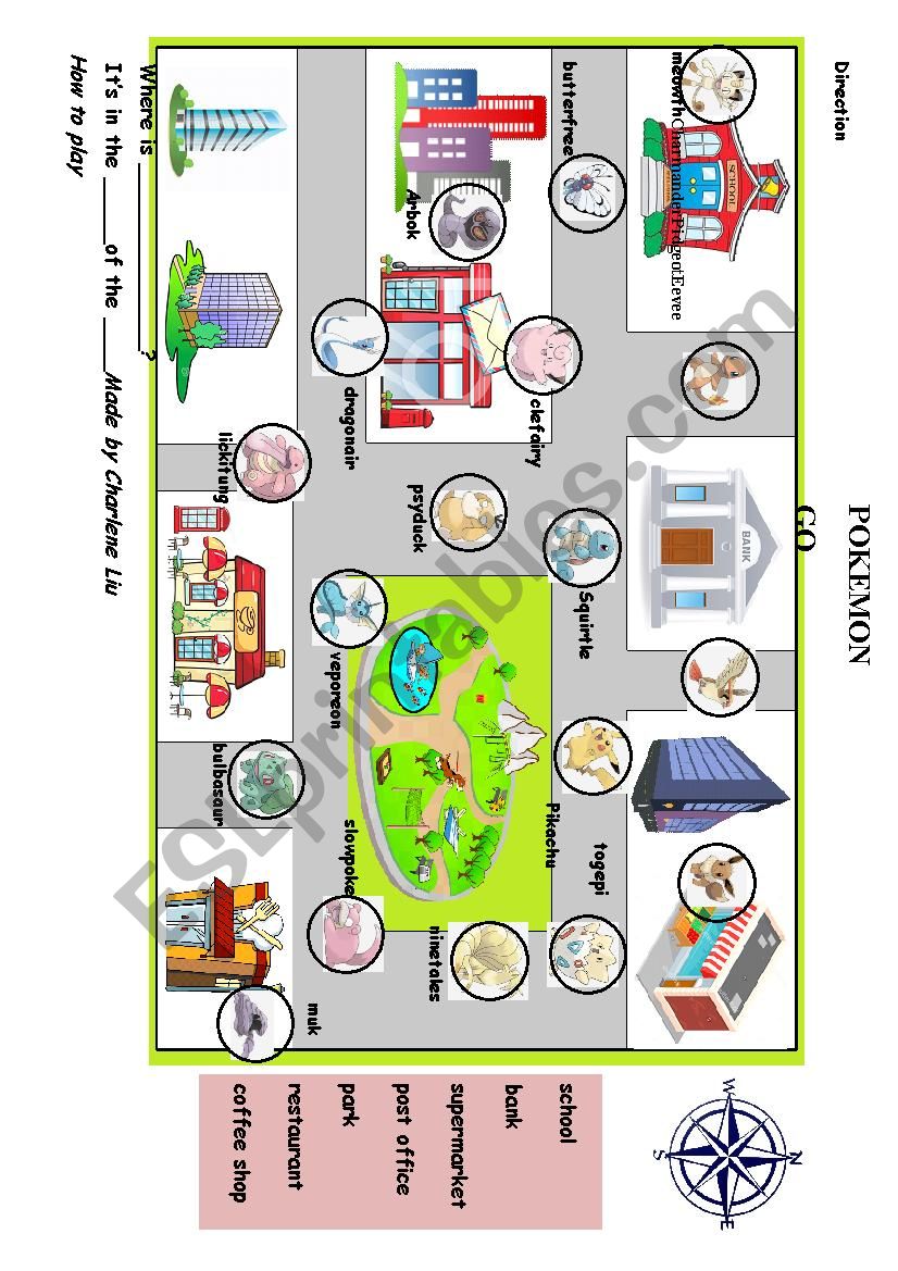 Pokemon direction boardgame worksheet