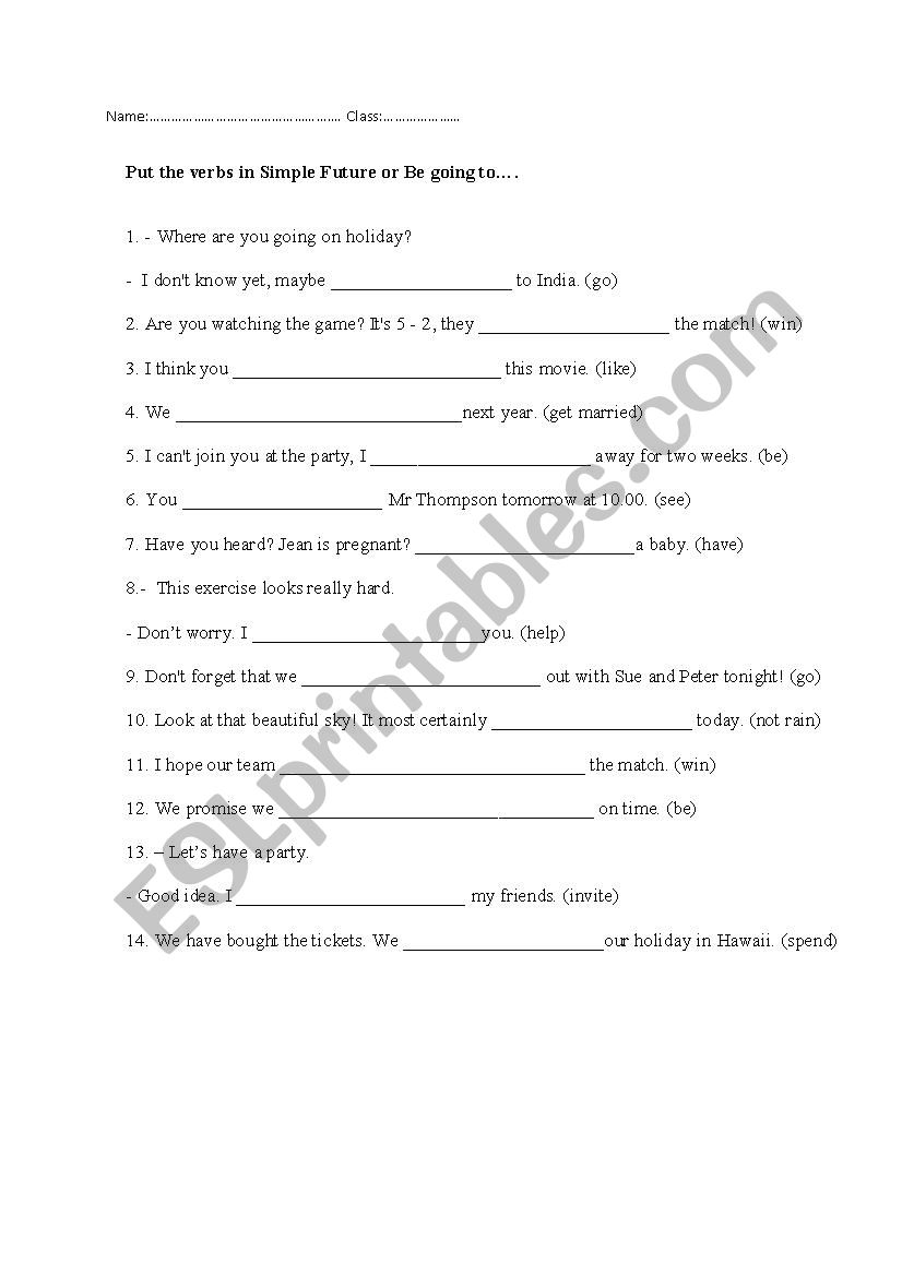 Will or Be going to worksheet