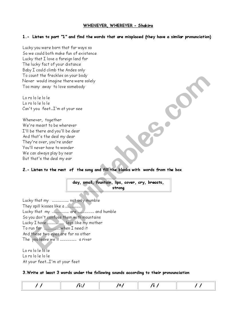 song worksheet