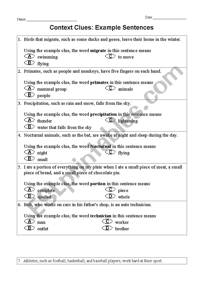 Context Clues worksheet