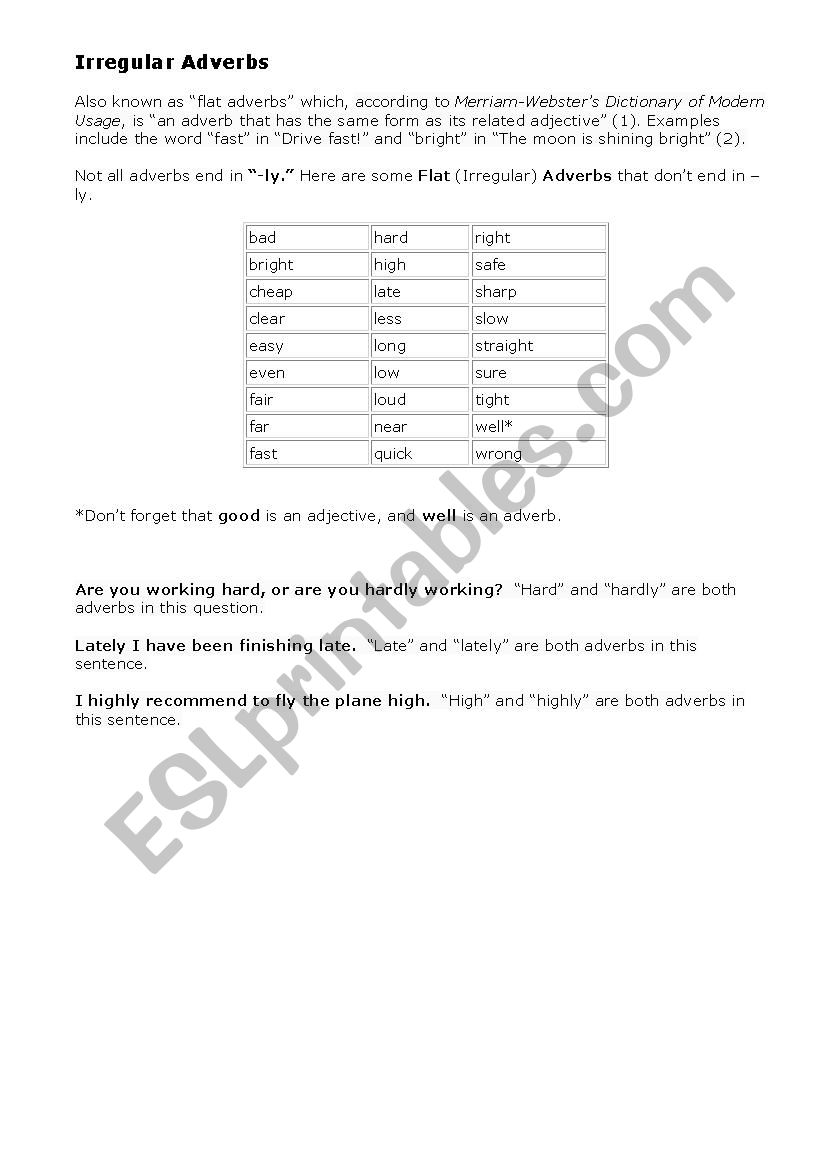 Irregular Adverbs Worksheet