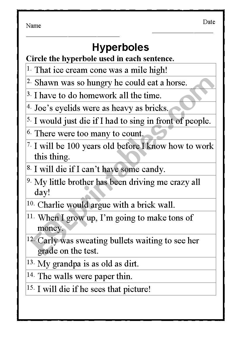 Hyperbole Worksheets