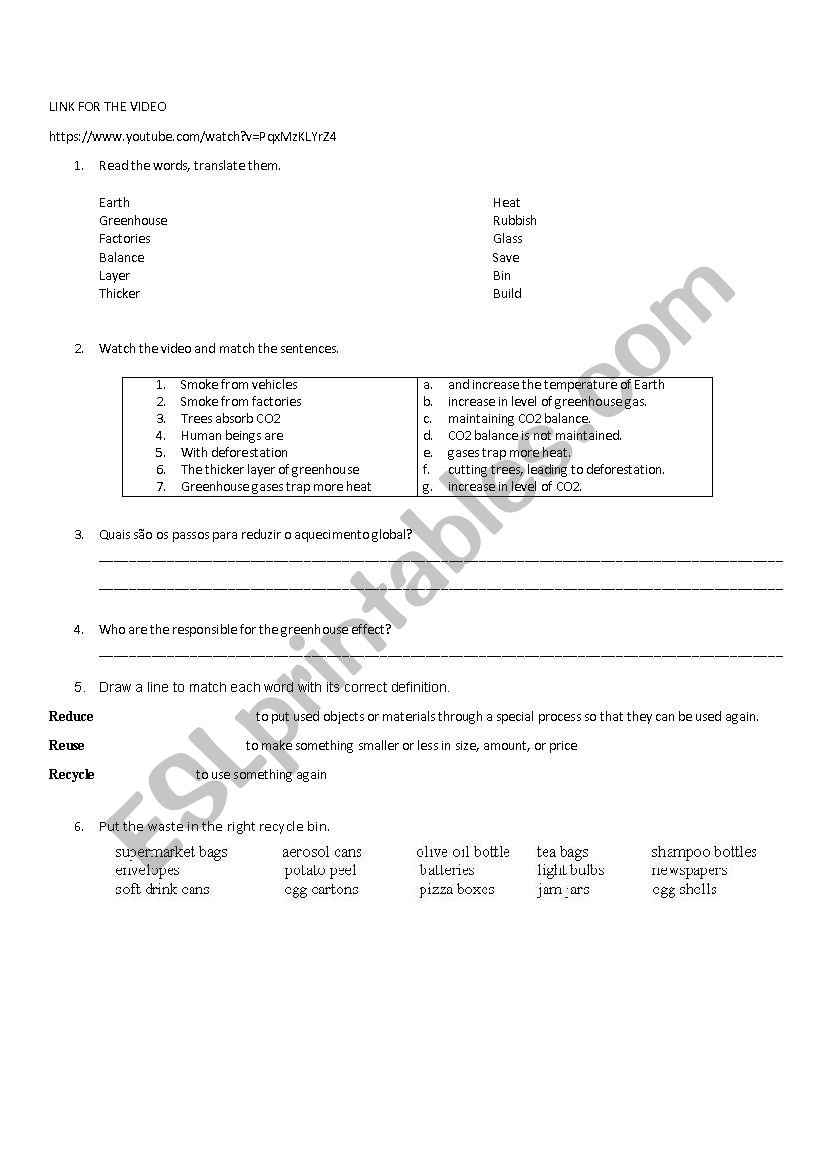 Global Warming worksheet