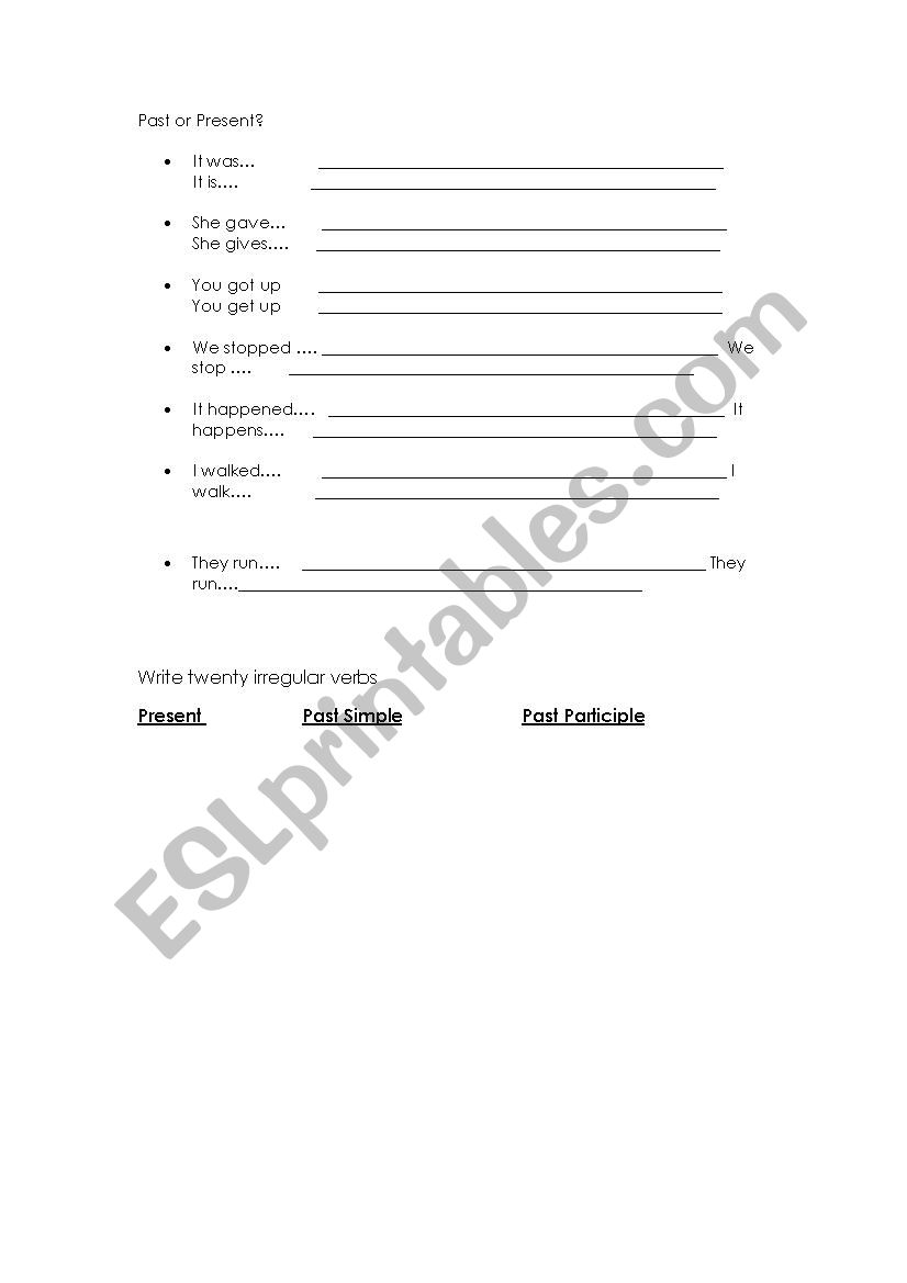 Past or Present (for warm up) worksheet