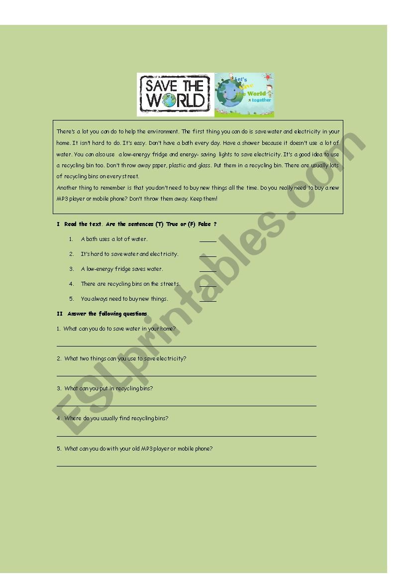 Lets save the Earth worksheet