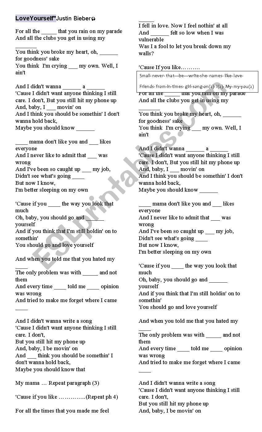 Love yourself Justin Bieber worksheet