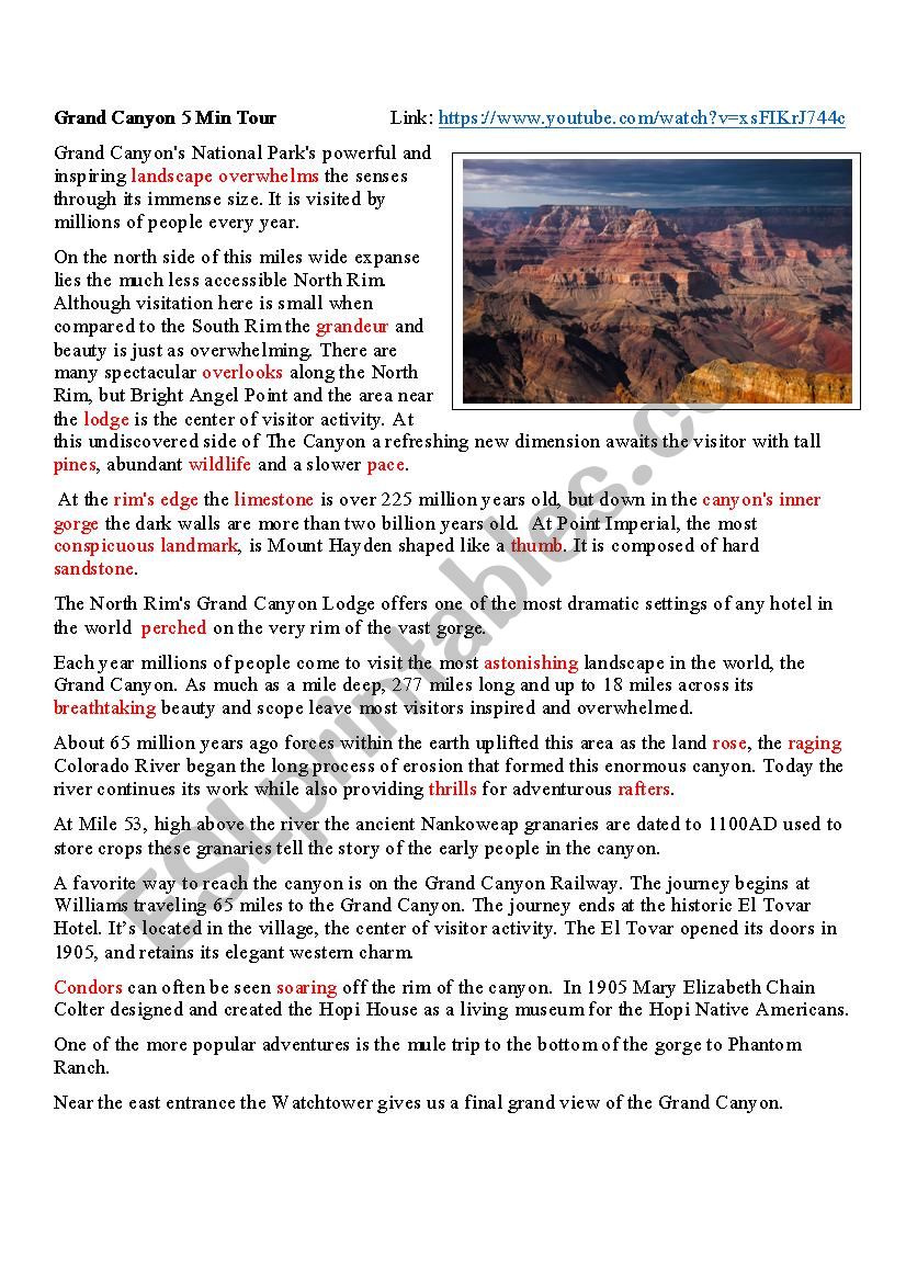Grand Canyon 5 Min Tour worksheet