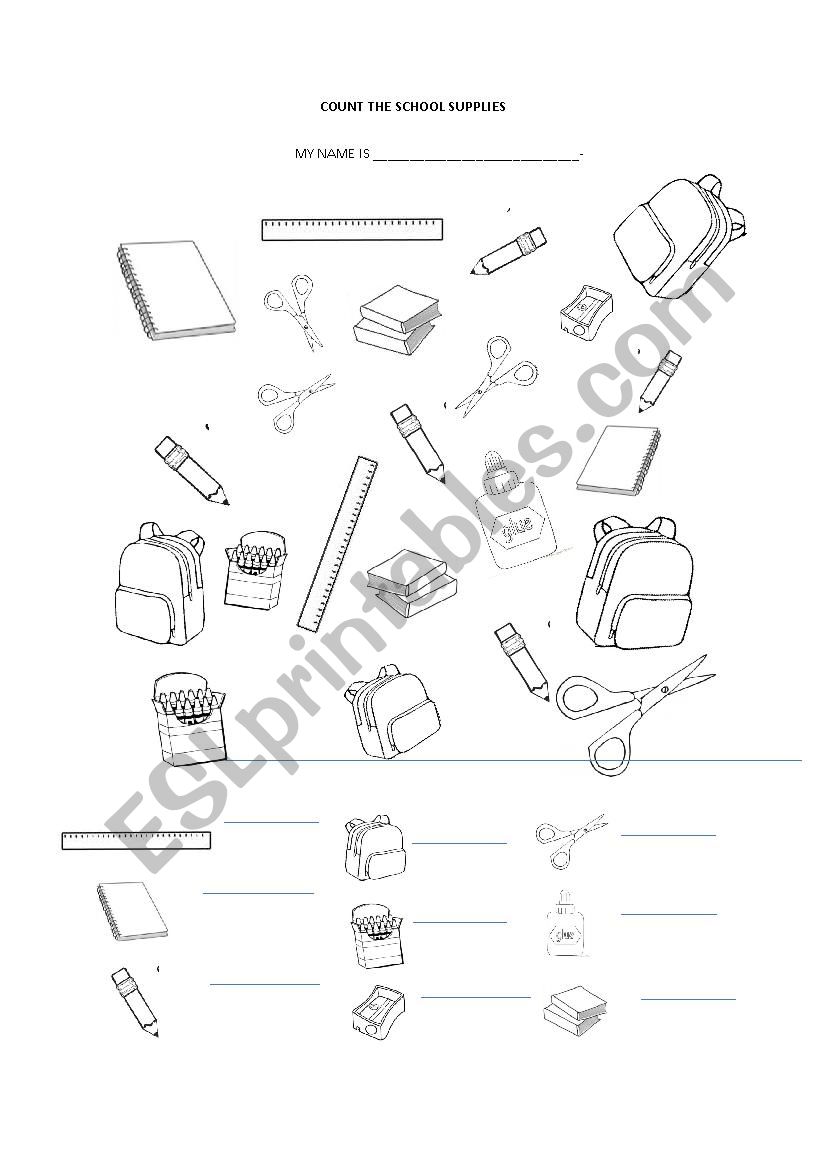 school supplies count  worksheet