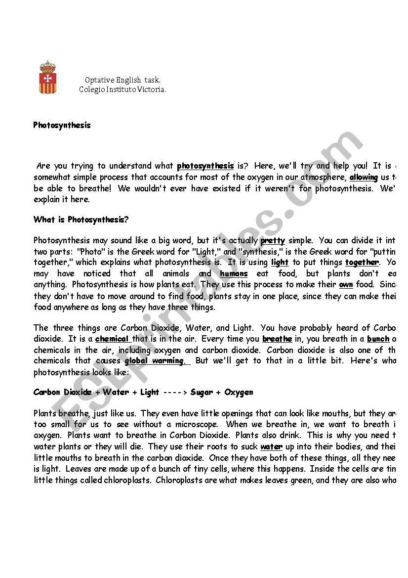 Photosynthesis  worksheet