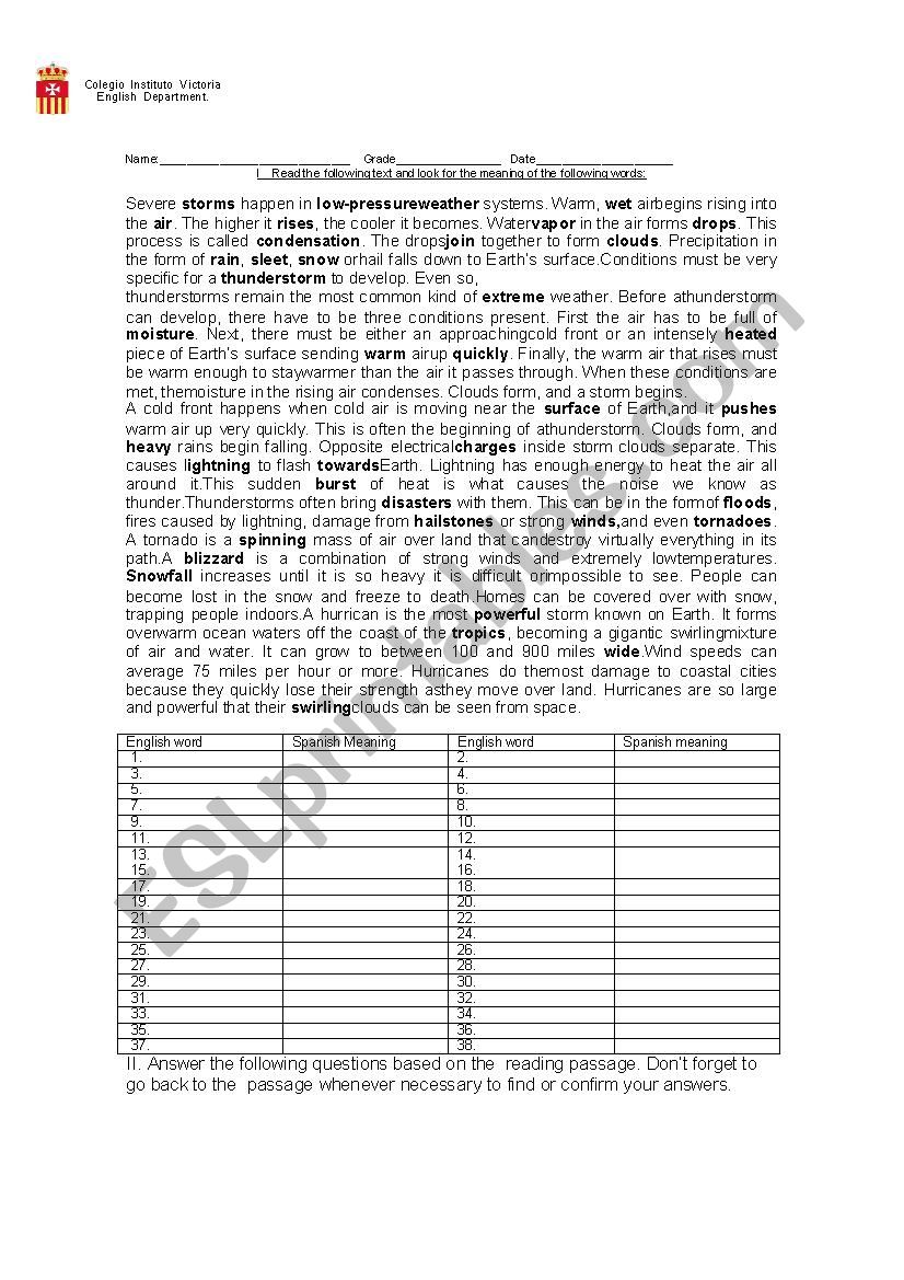 Storm, weather reading worksheet