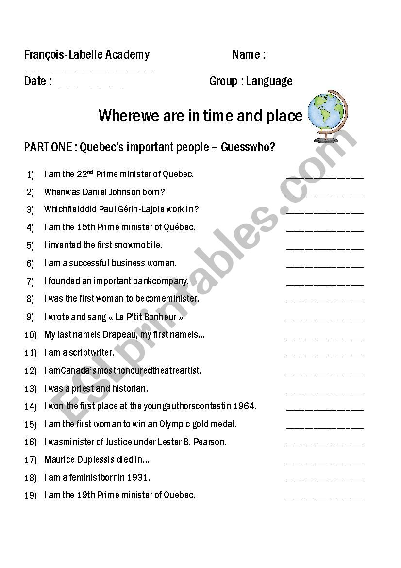 Quebec´s important people worksheet