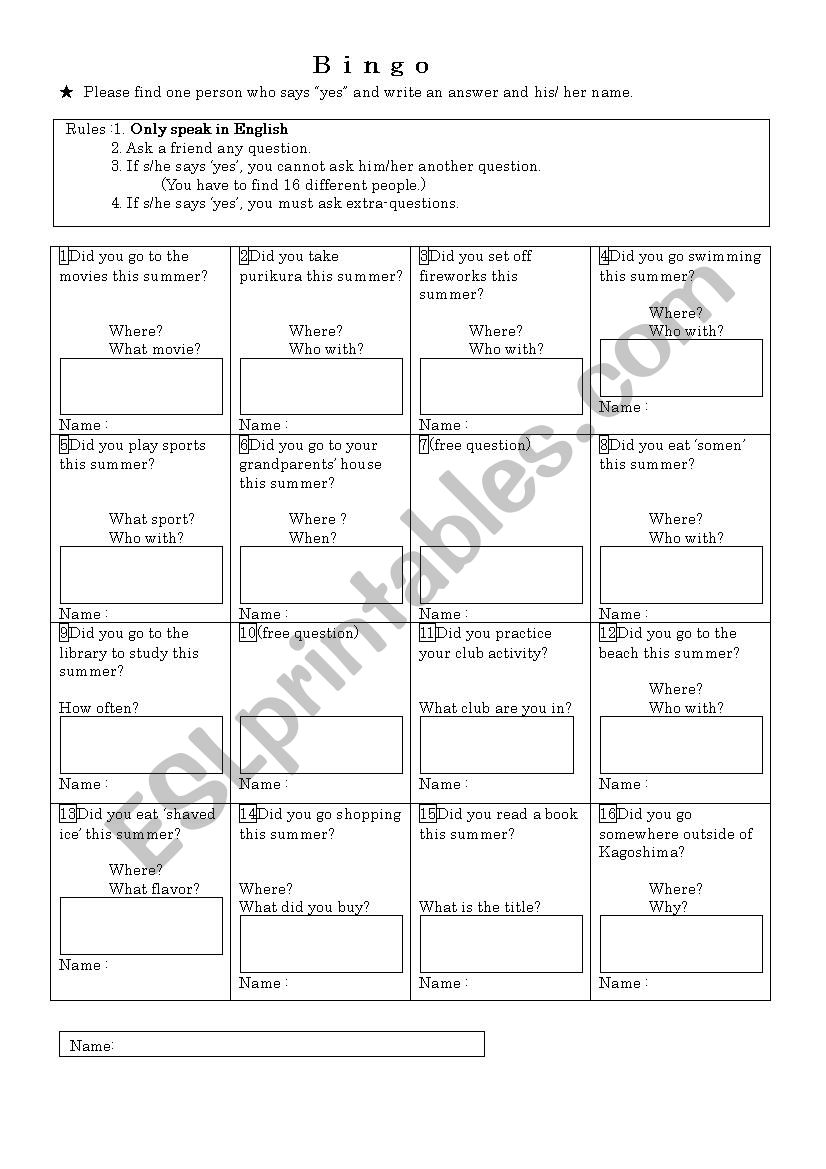 Summer Vacation Speaking Bingo