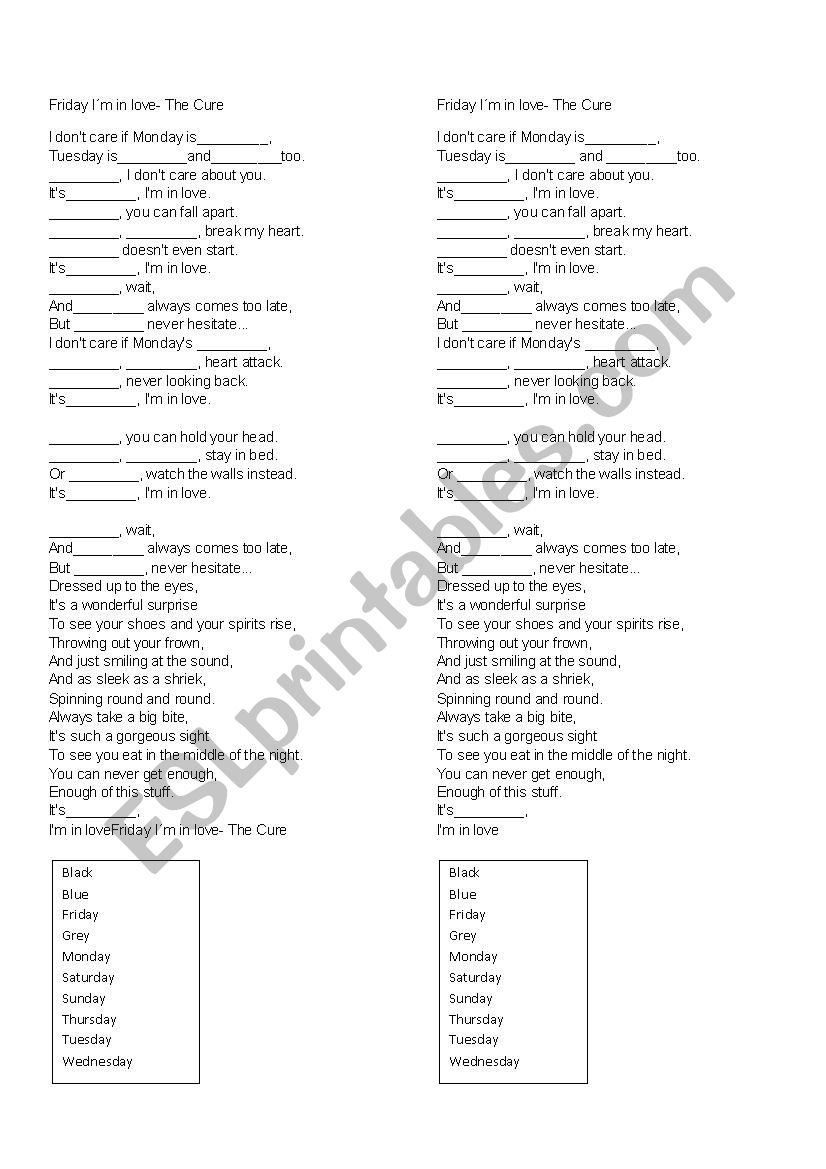 Days of the week worksheet