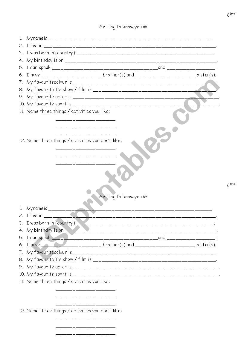 Getting to know your students worksheet