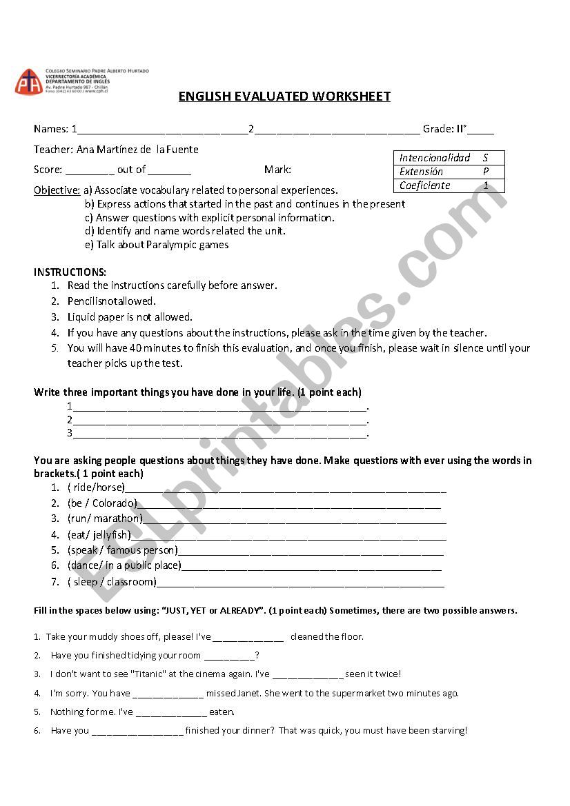 test worksheet