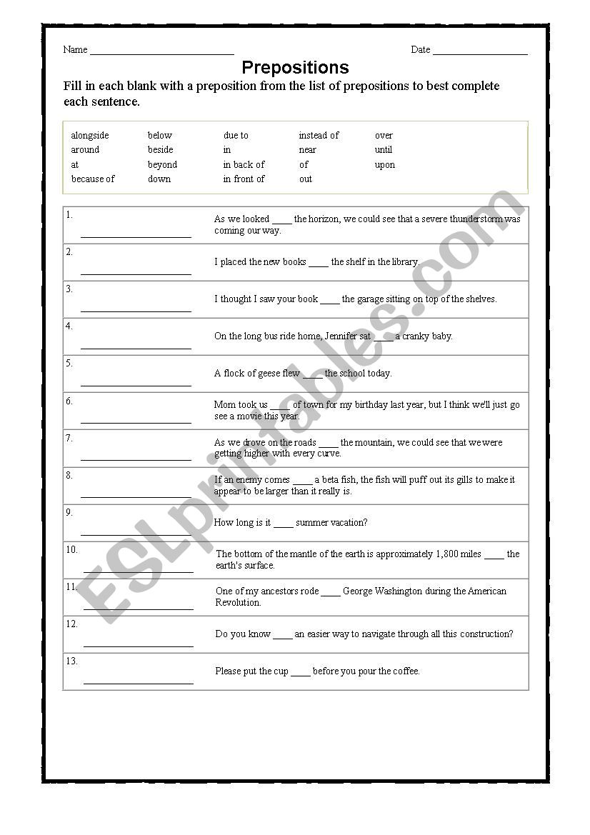 Prepositions worksheet