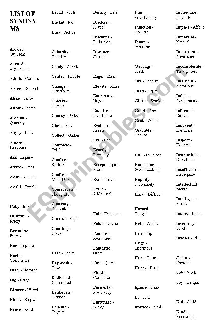 list of synonym worksheet