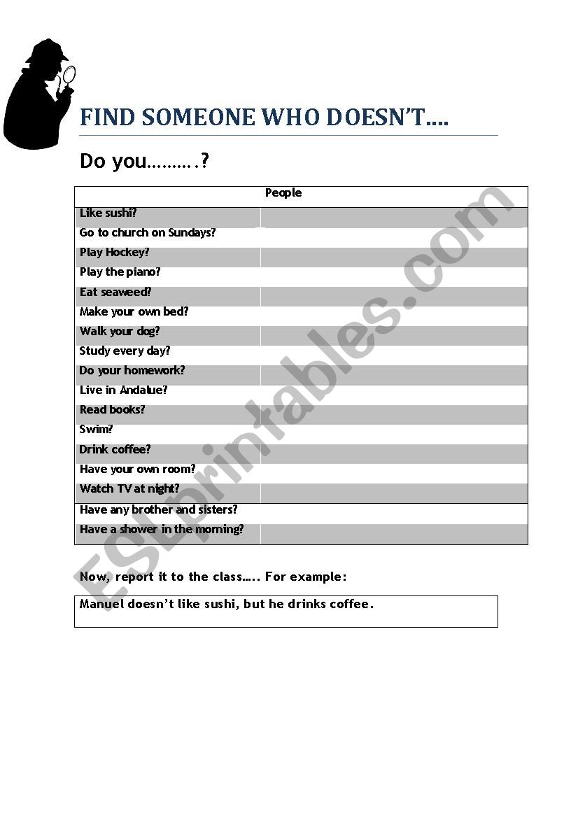 Find Someone Who DoesnÂ´t worksheet