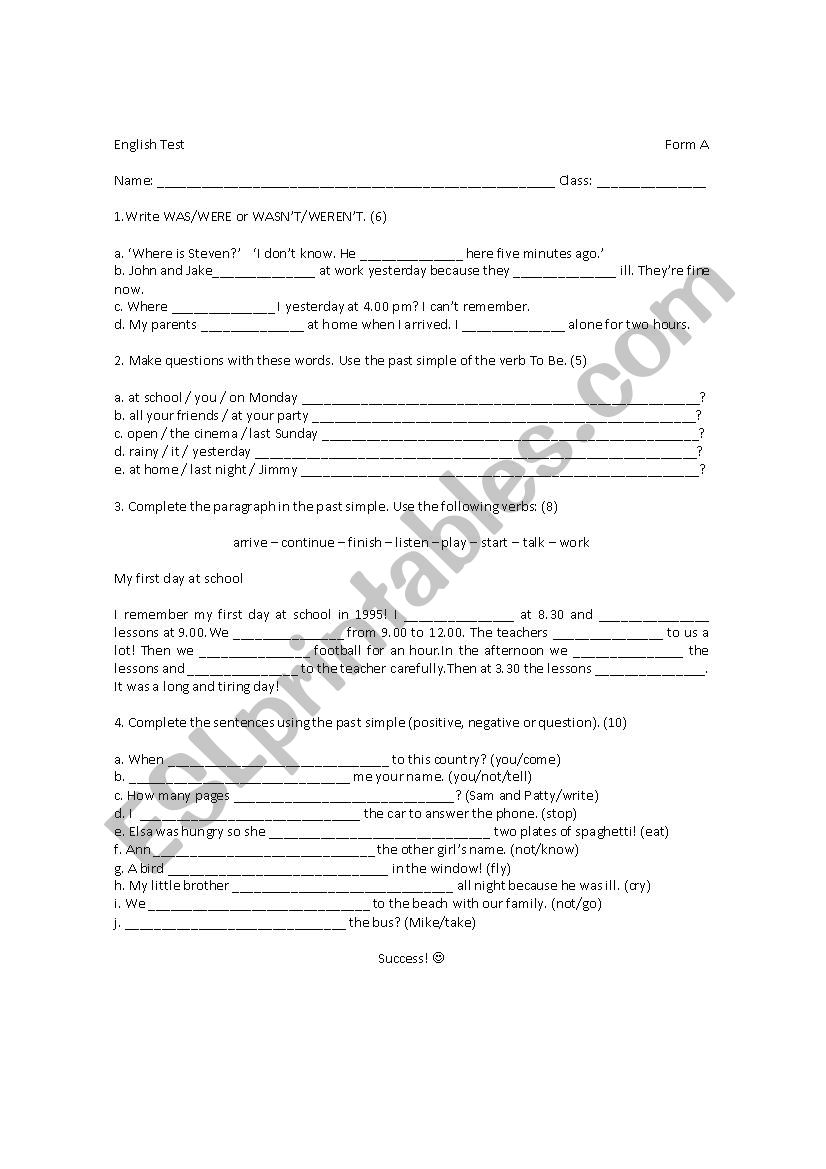 Past Simple study worksheet worksheet