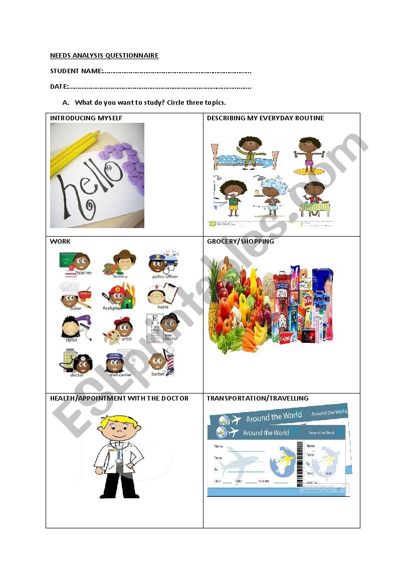NEEDS ANALYSIS QUESTIONNAIRE worksheet