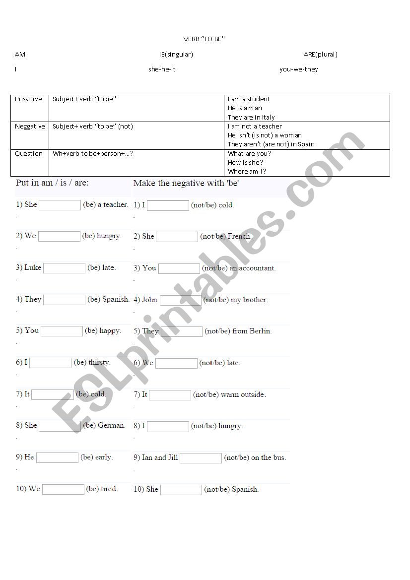 VERB TO BE worksheet