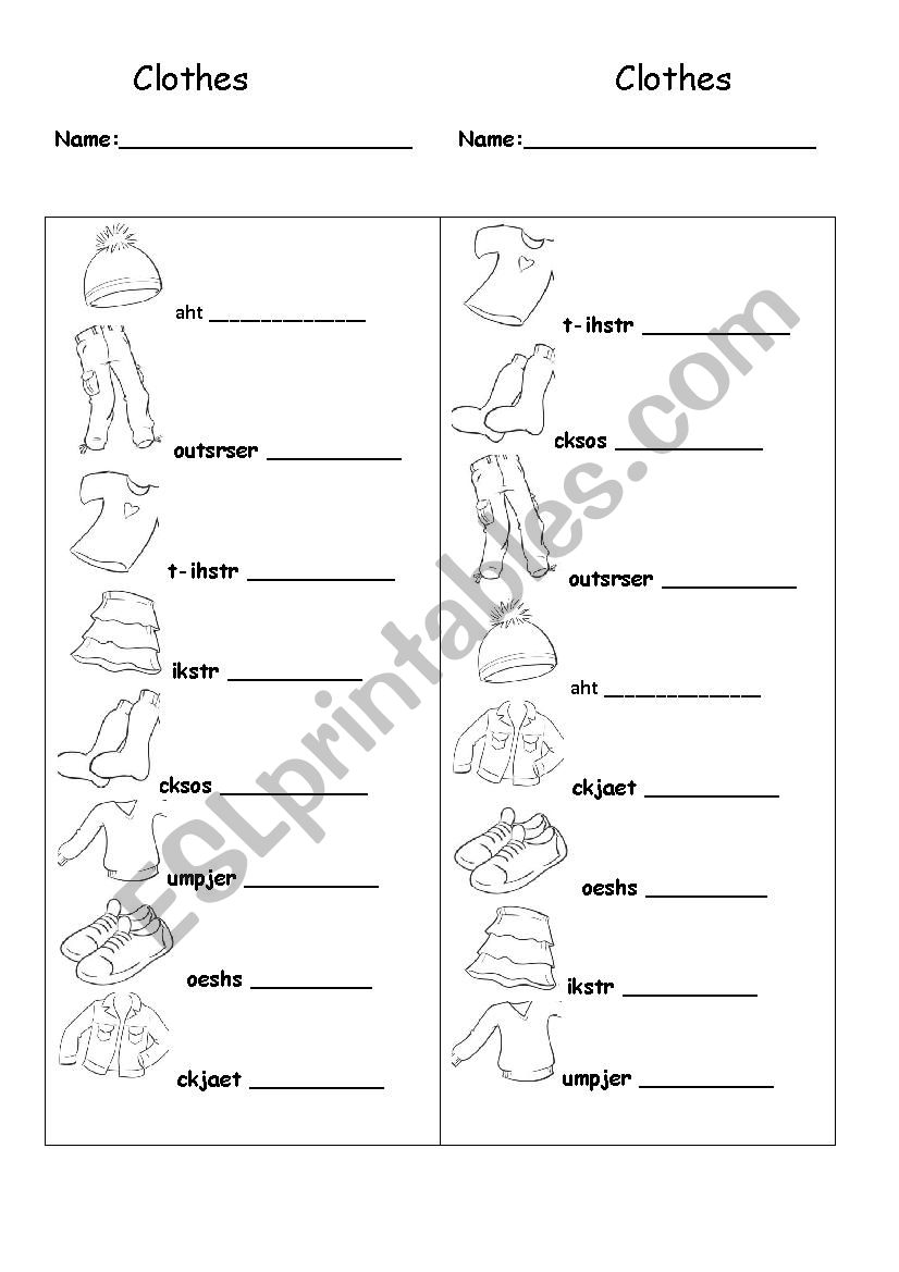 Clothes revision worksheet