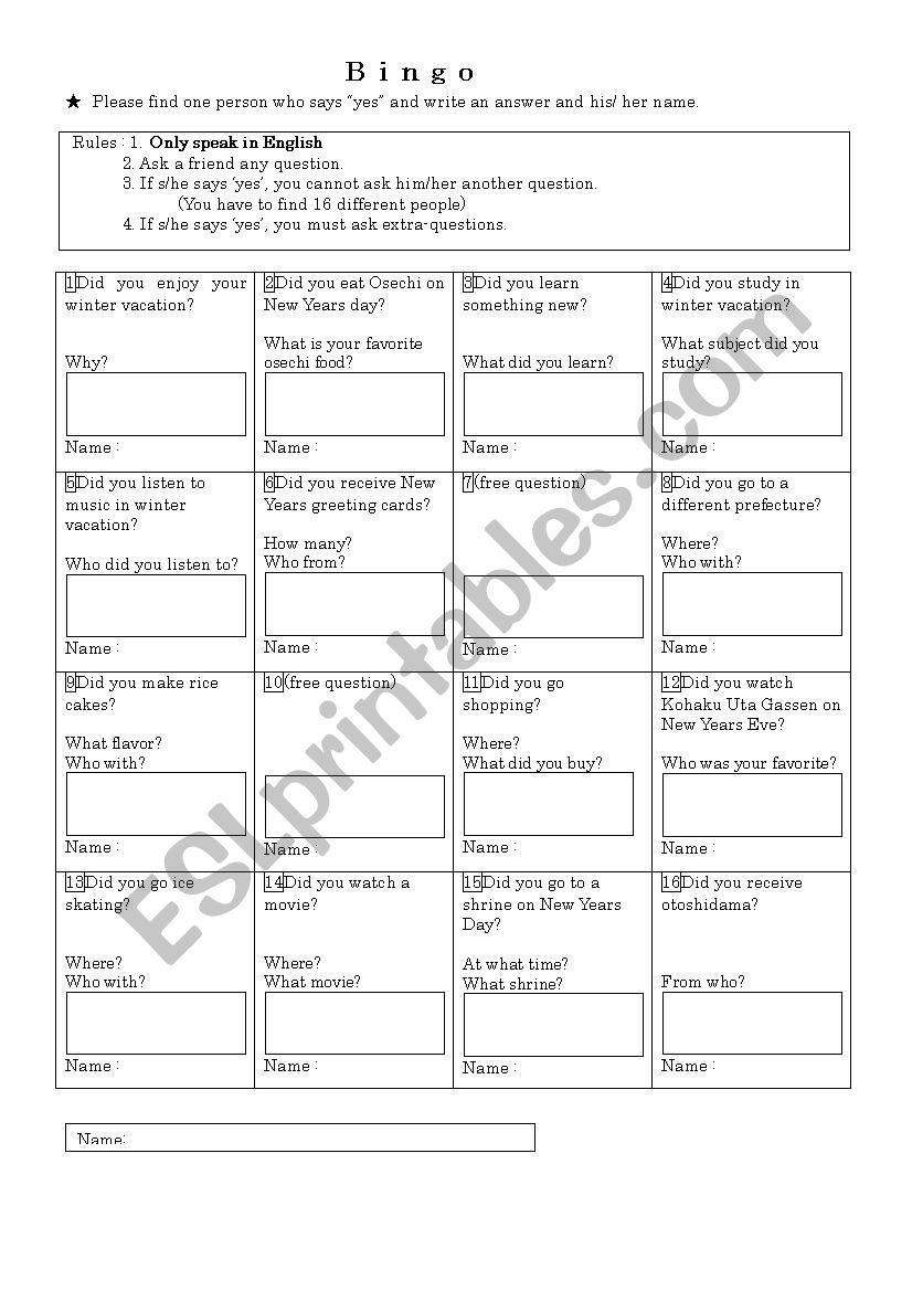 Winter Vacation Speaking Bingo