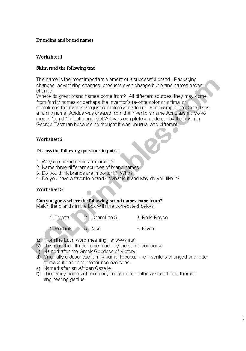 brands worksheet