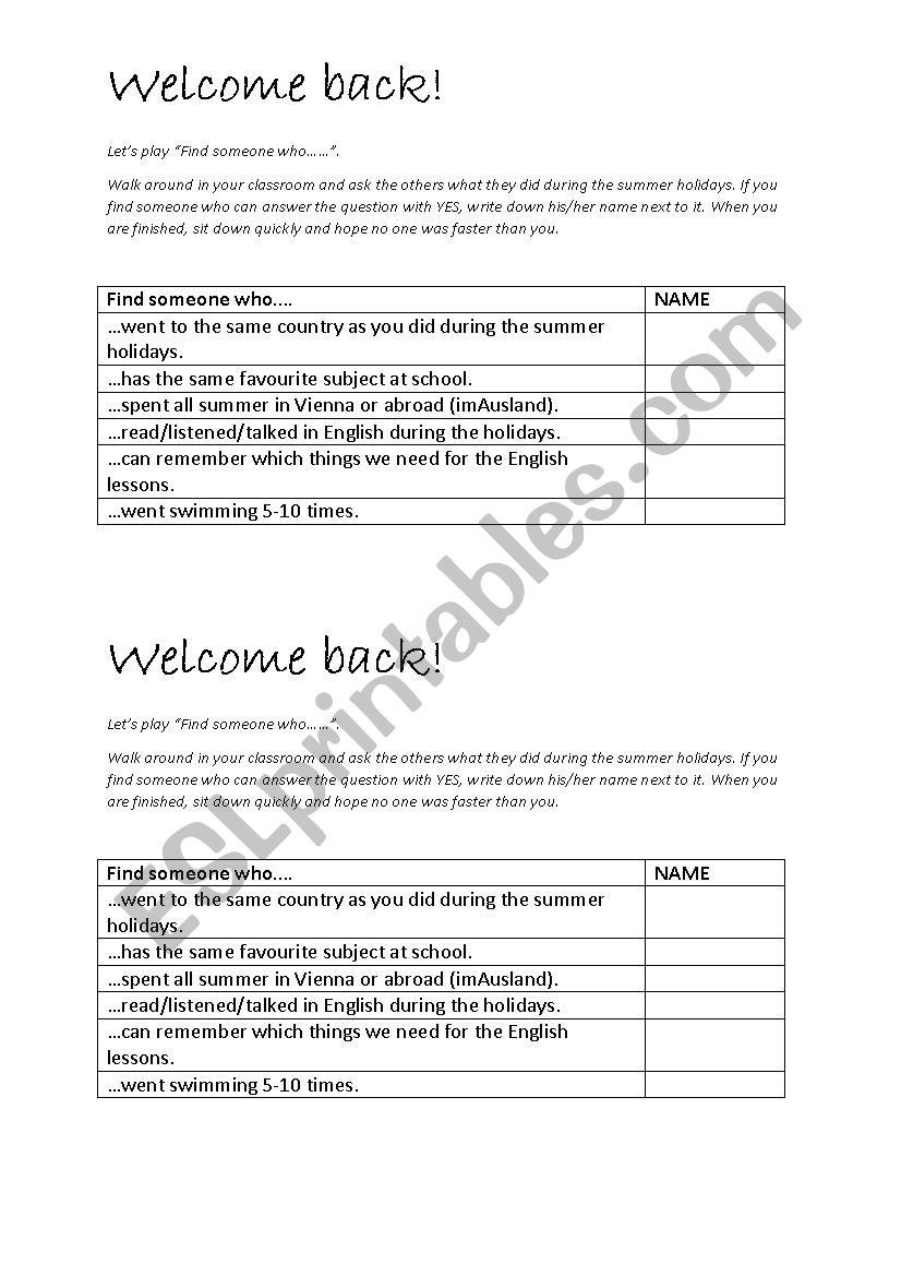 welcome back activity worksheet